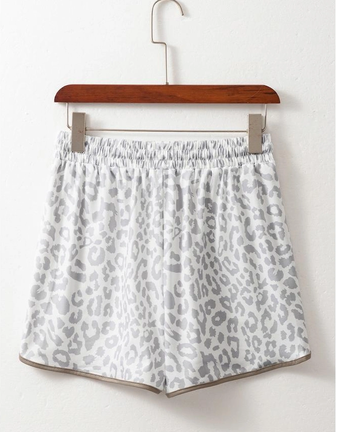 White Leopard Elastic Waist Lace up Contrast Trim Casual Shorts