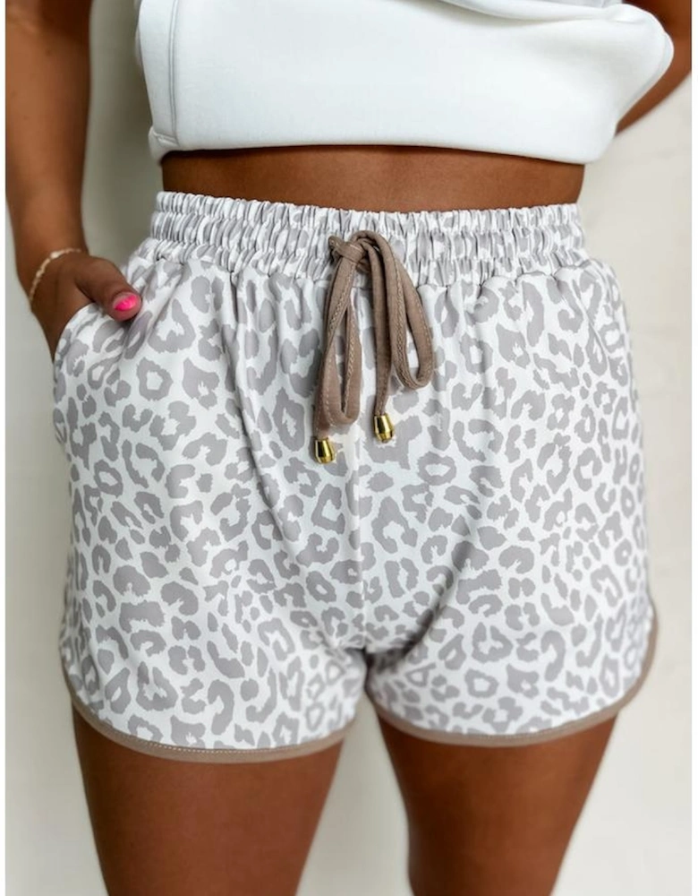 White Leopard Elastic Waist Lace up Contrast Trim Casual Shorts
