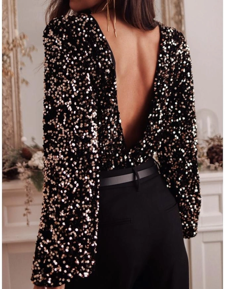 Black Deep V Back Sequin Puff Sleeve Bodysuit