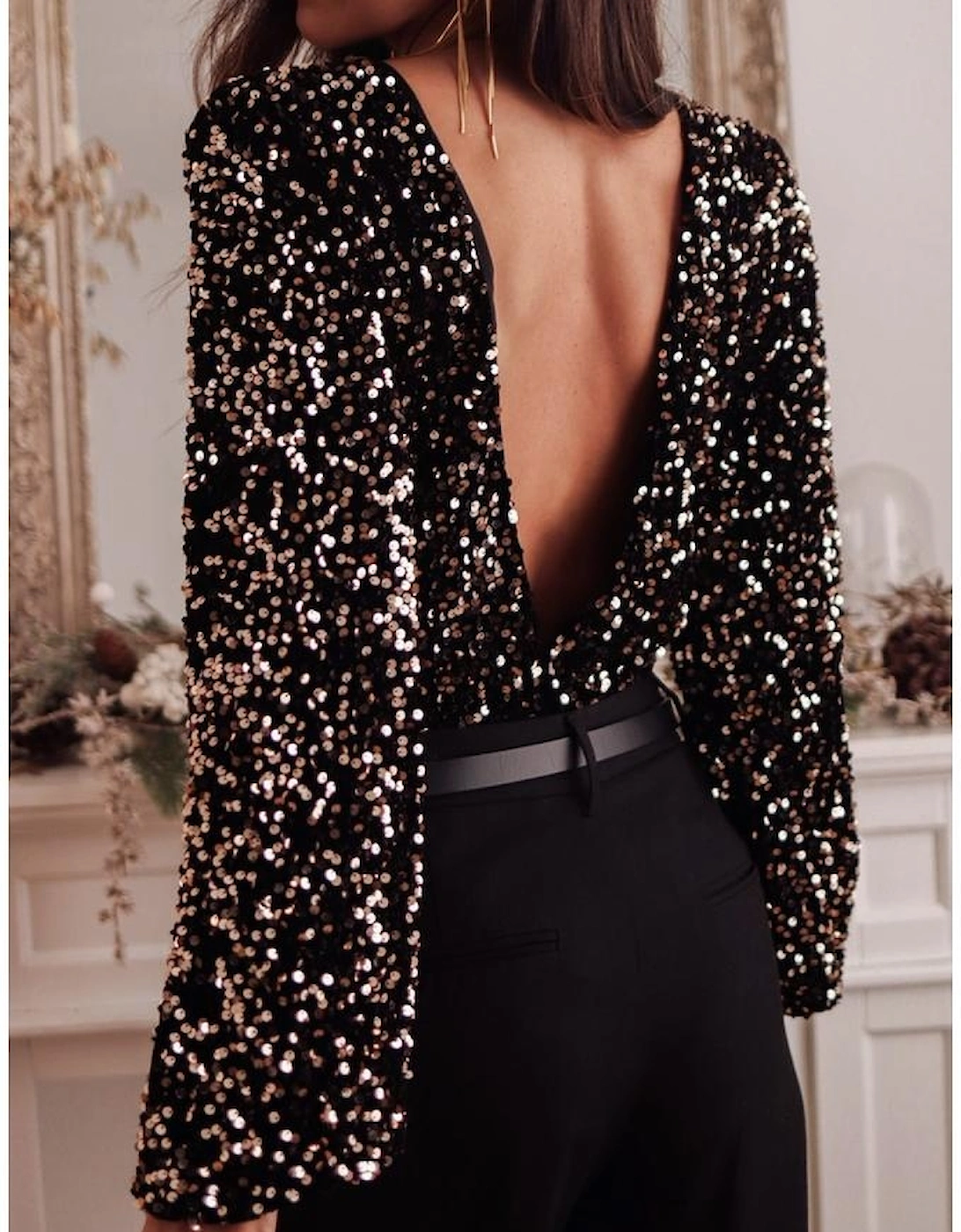 Black Deep V Back Sequin Puff Sleeve Bodysuit