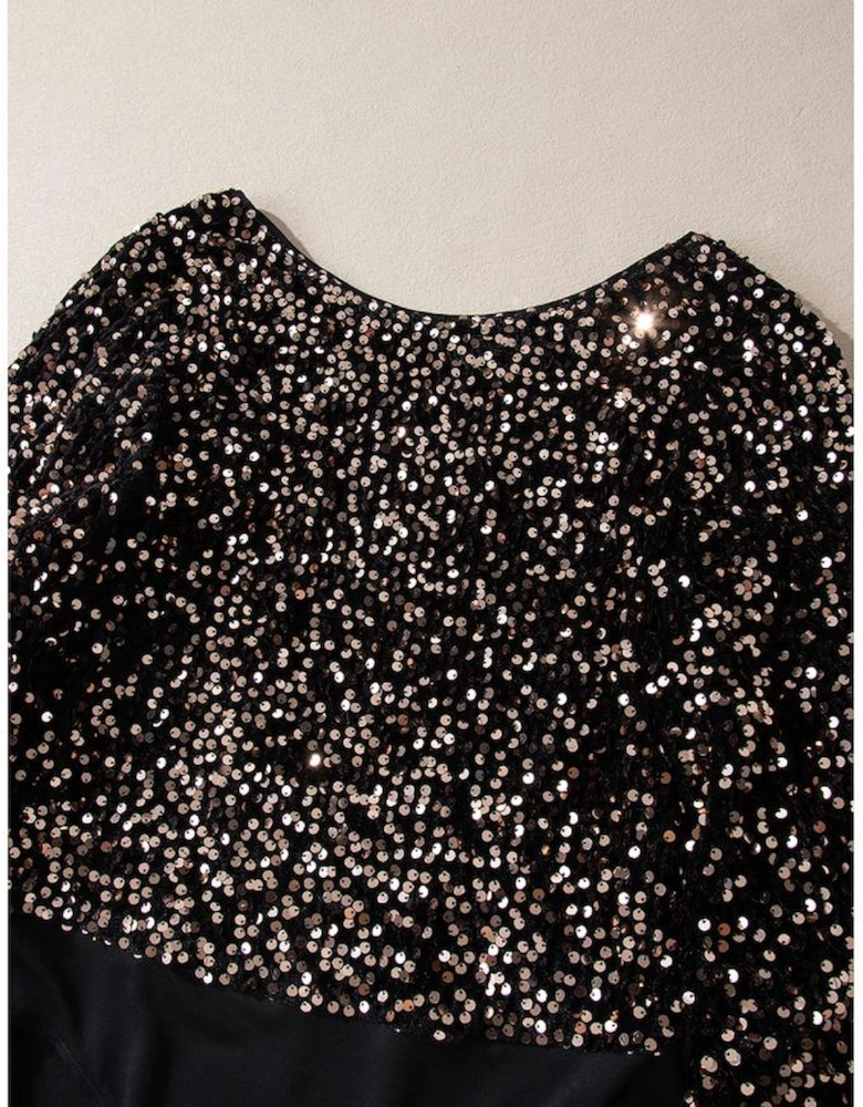 Black Deep V Back Sequin Puff Sleeve Bodysuit