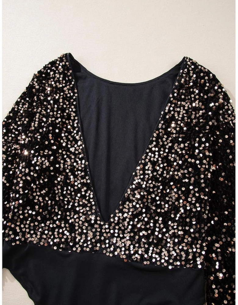 Black Deep V Back Sequin Puff Sleeve Bodysuit