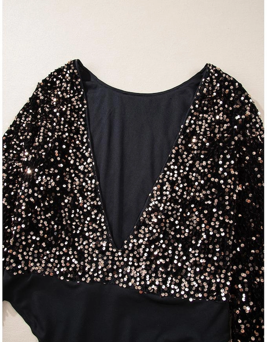 Black Deep V Back Sequin Puff Sleeve Bodysuit