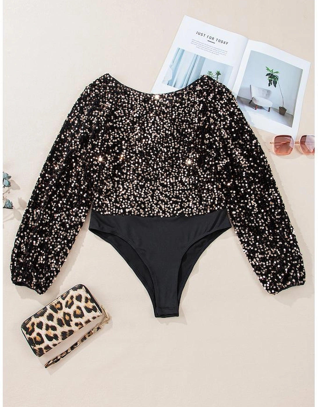 Black Deep V Back Sequin Puff Sleeve Bodysuit