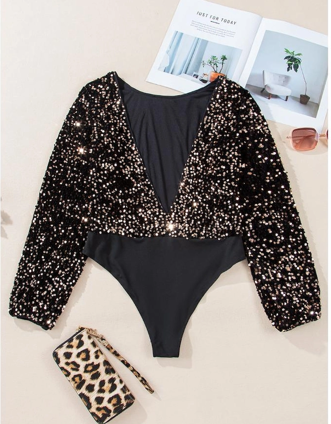 Black Deep V Back Sequin Puff Sleeve Bodysuit