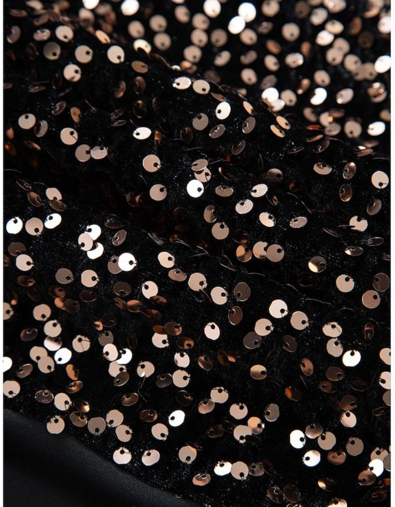 Black Deep V Back Sequin Puff Sleeve Bodysuit