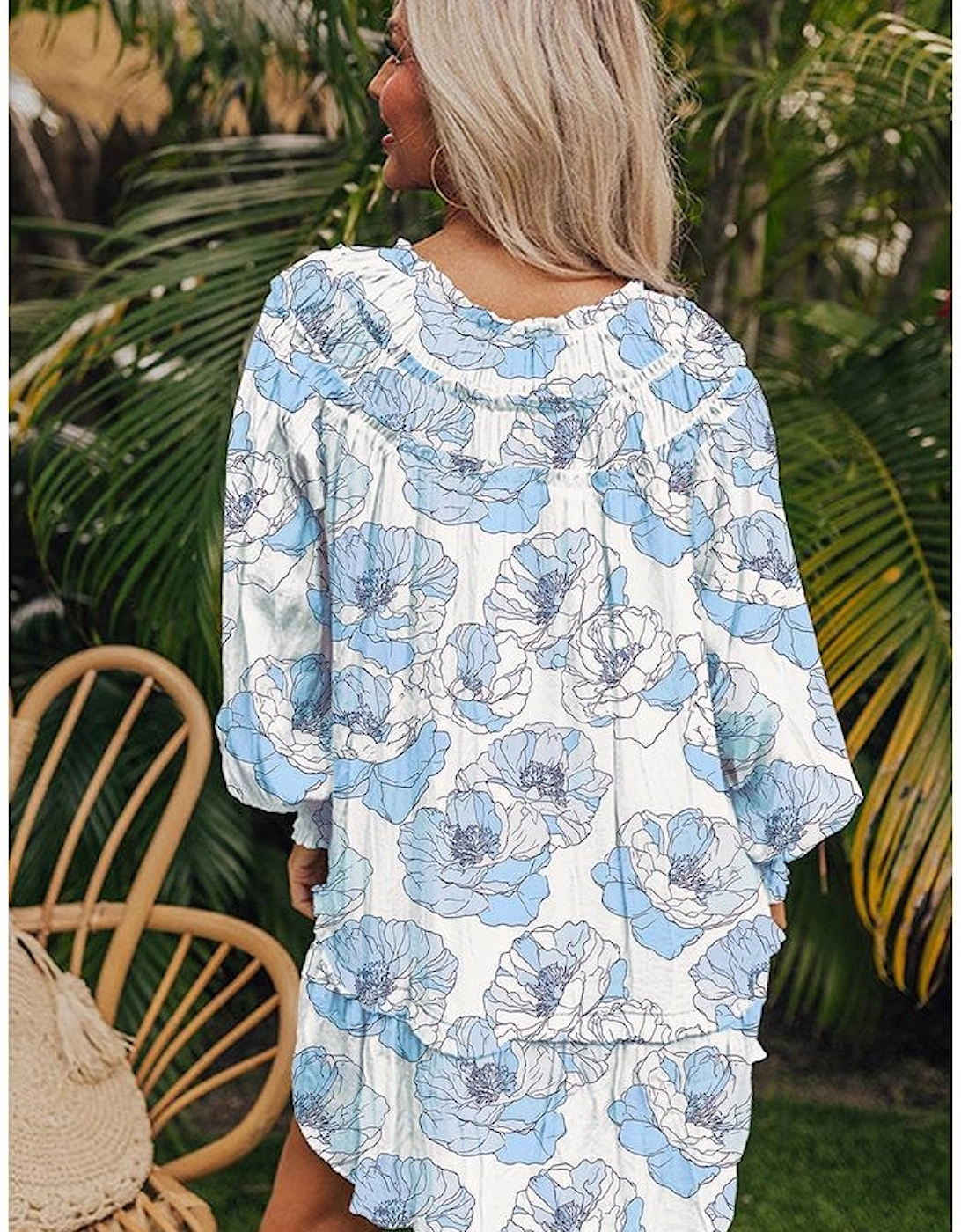 Sky Blue Floral Print Tie Neck Long Sleeve Flowy Mini Dress, 13 of 12