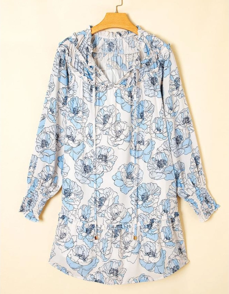 Sky Blue Floral Print Tie Neck Long Sleeve Flowy Mini Dress