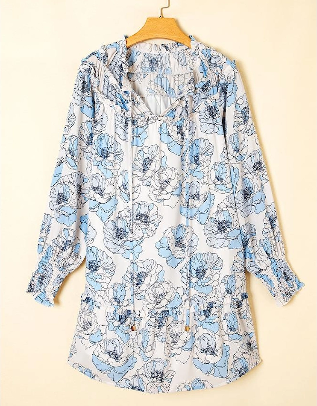 Sky Blue Floral Print Tie Neck Long Sleeve Flowy Mini Dress