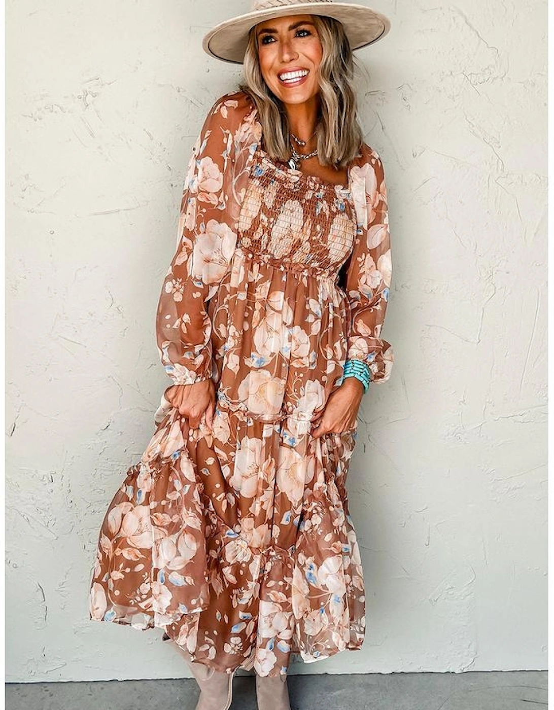 Brown Floral Print Shirred Square Neck High Waist Maxi Dress