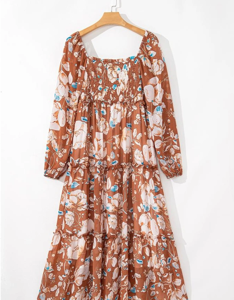 Brown Floral Print Shirred Square Neck High Waist Maxi Dress