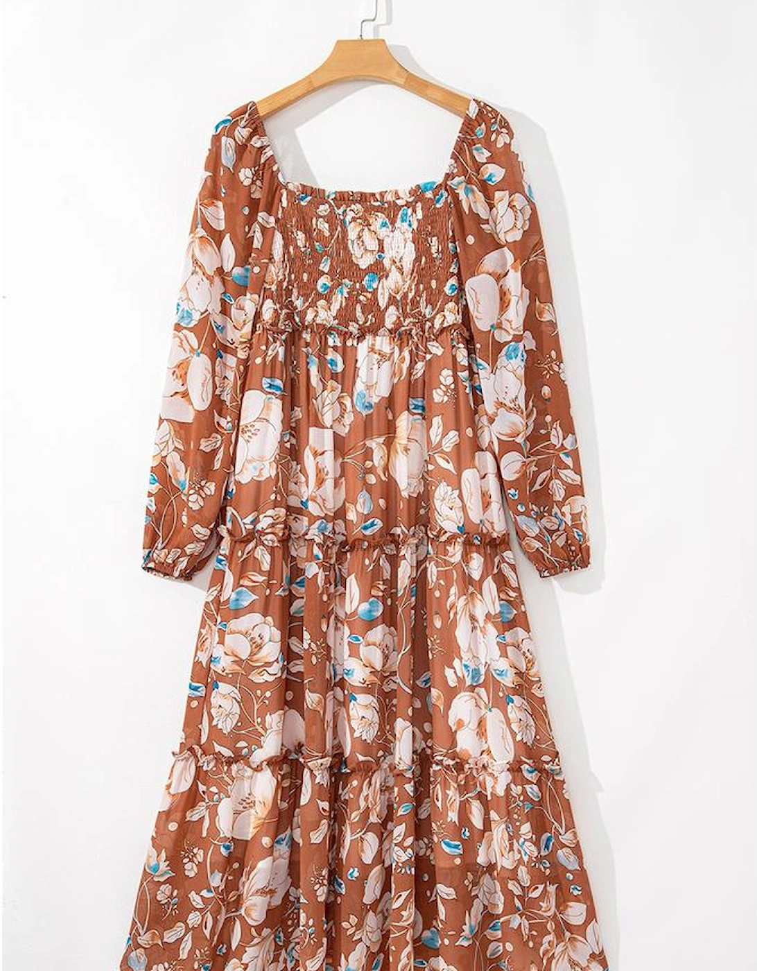 Brown Floral Print Shirred Square Neck High Waist Maxi Dress