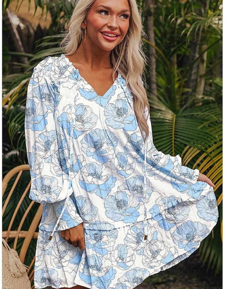 Sky Blue Floral Print Tie Neck Long Sleeve Flowy Mini Dress