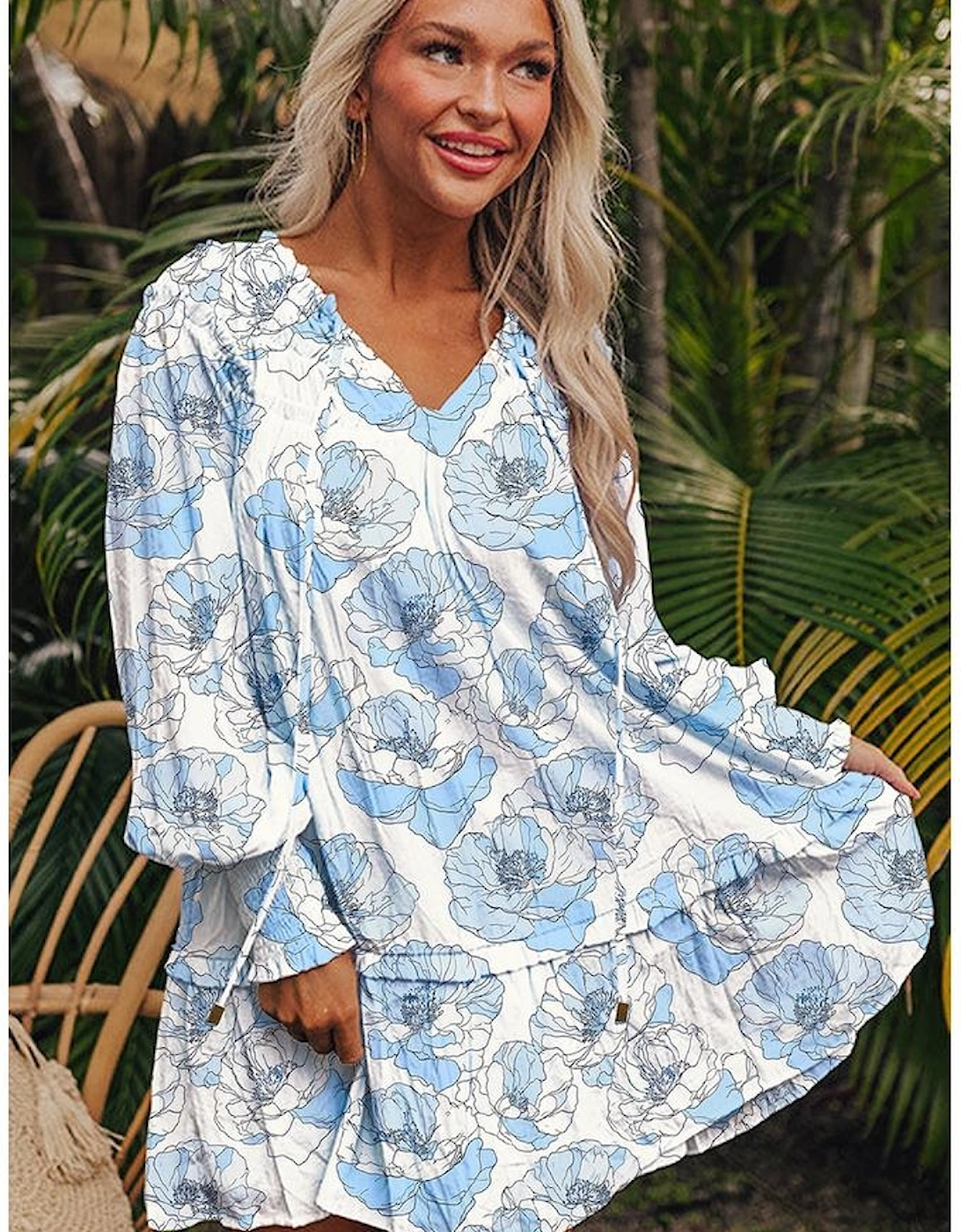 Sky Blue Floral Print Tie Neck Long Sleeve Flowy Mini Dress