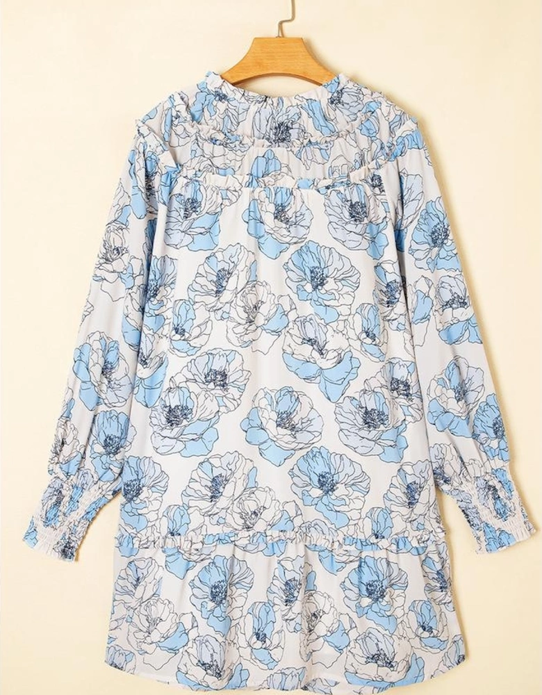 Sky Blue Floral Print Tie Neck Long Sleeve Flowy Mini Dress