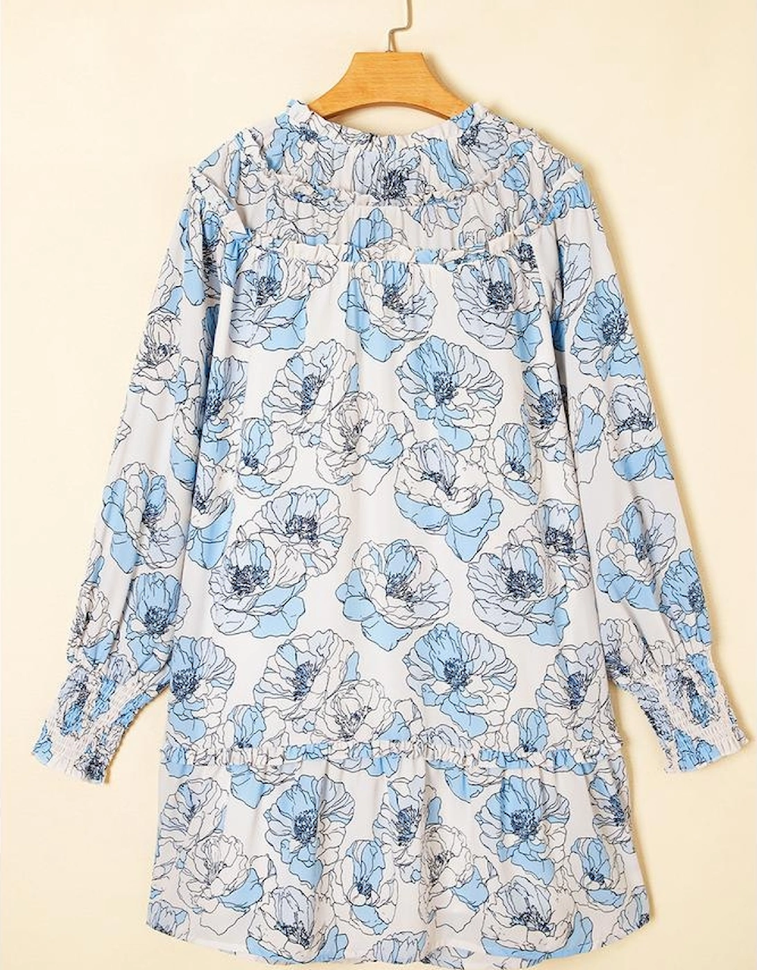 Sky Blue Floral Print Tie Neck Long Sleeve Flowy Mini Dress