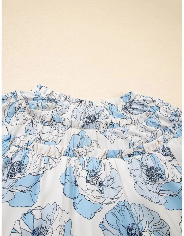 Sky Blue Floral Print Tie Neck Long Sleeve Flowy Mini Dress