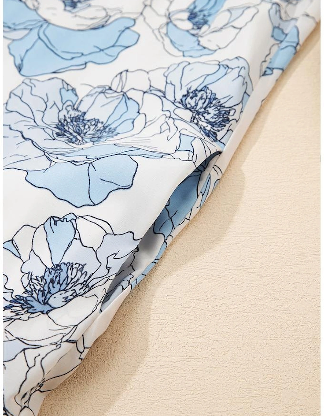 Sky Blue Floral Print Tie Neck Long Sleeve Flowy Mini Dress