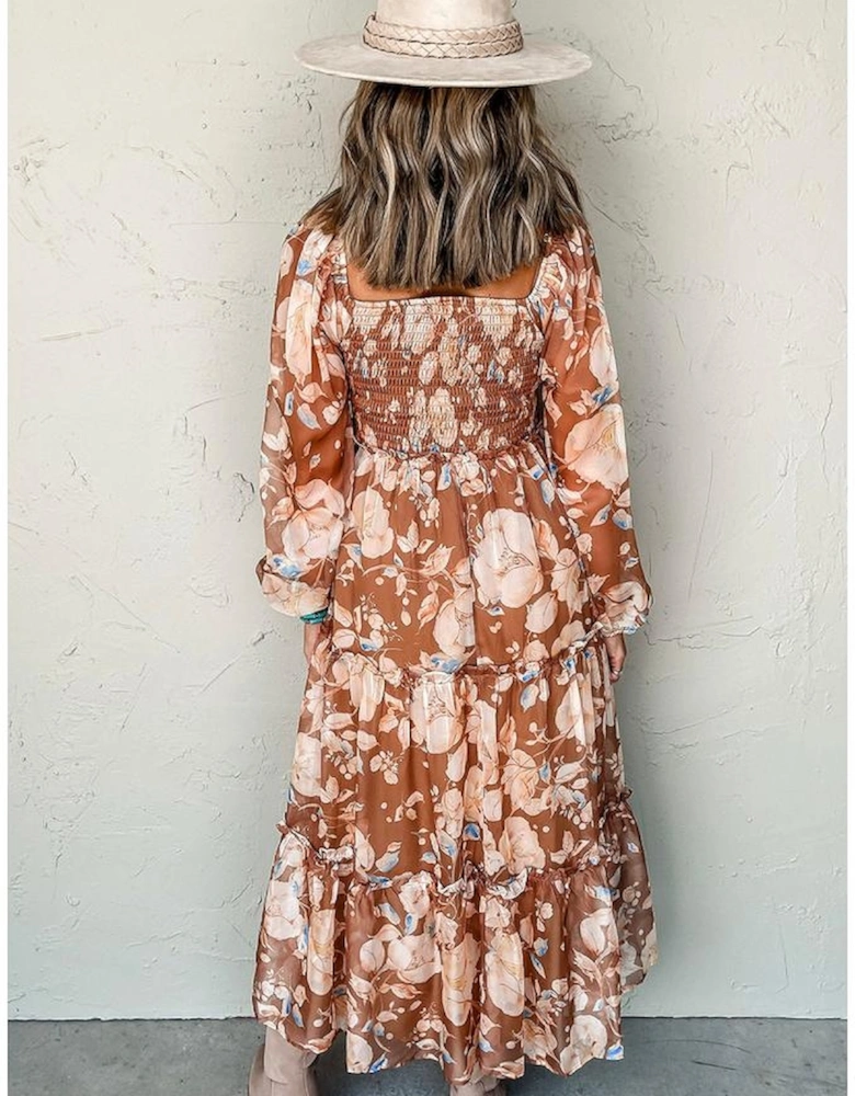 Brown Floral Print Shirred Square Neck High Waist Maxi Dress