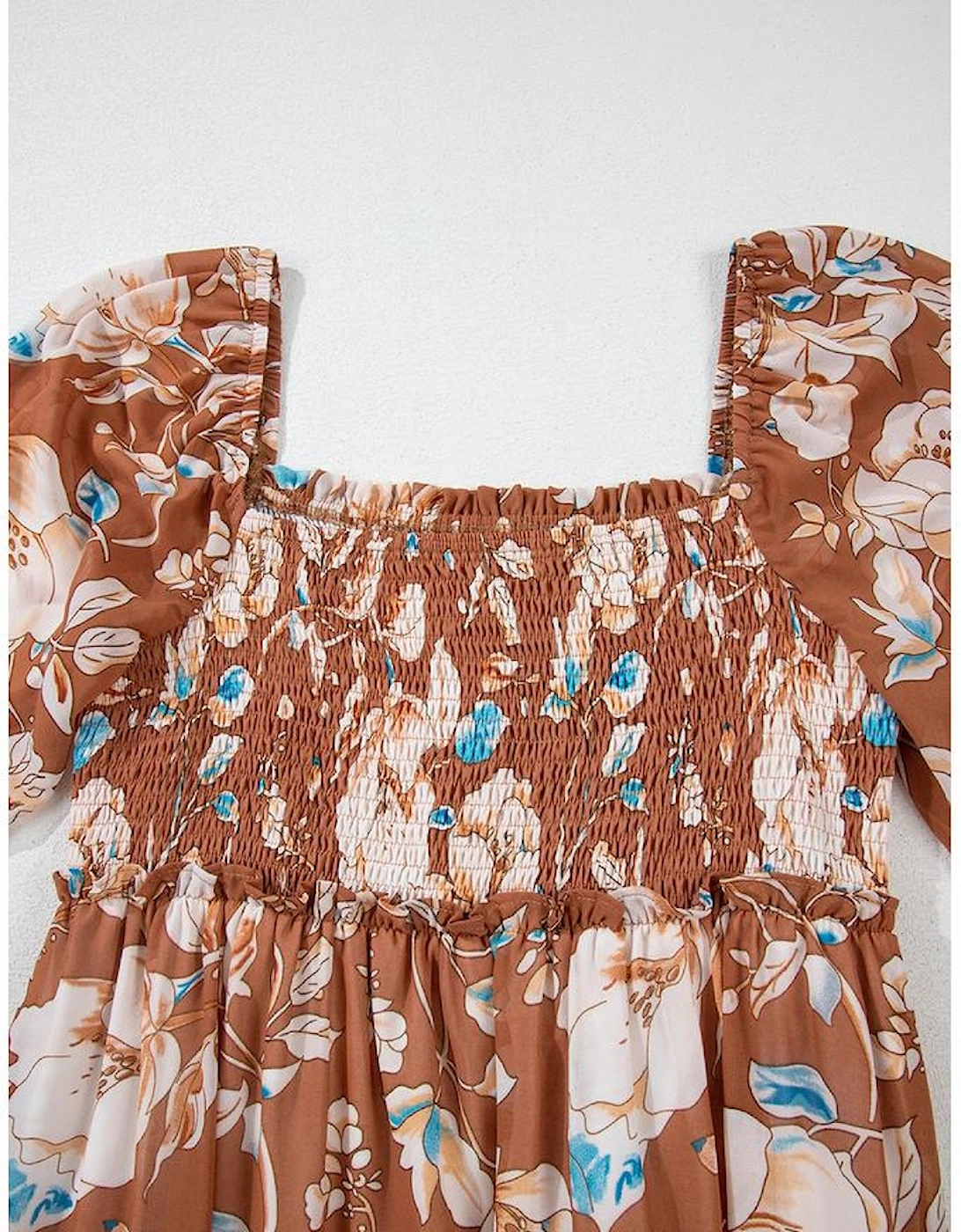Brown Floral Print Shirred Square Neck High Waist Maxi Dress