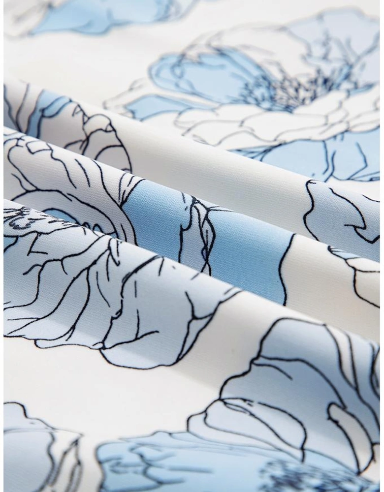 Sky Blue Floral Print Tie Neck Long Sleeve Flowy Mini Dress