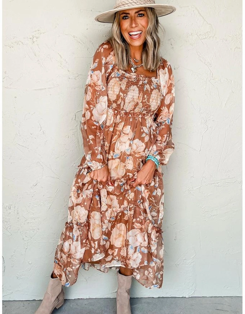 Brown Floral Print Shirred Square Neck High Waist Maxi Dress