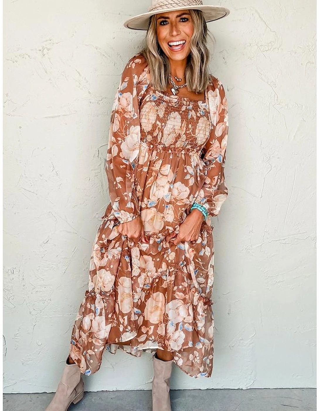 Brown Floral Print Shirred Square Neck High Waist Maxi Dress
