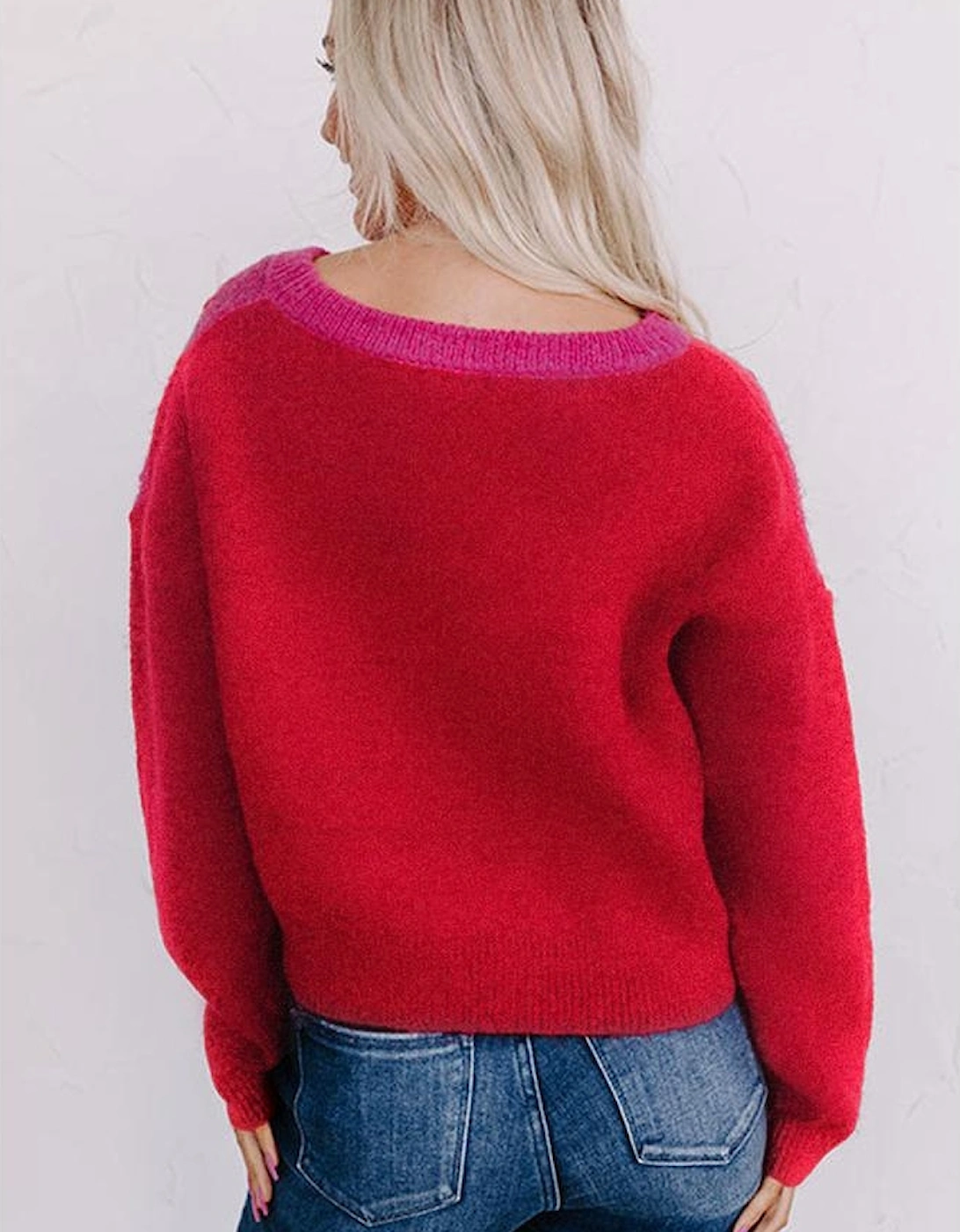 Multicolor Checkered Pattern Heart Detail Textured Sweater