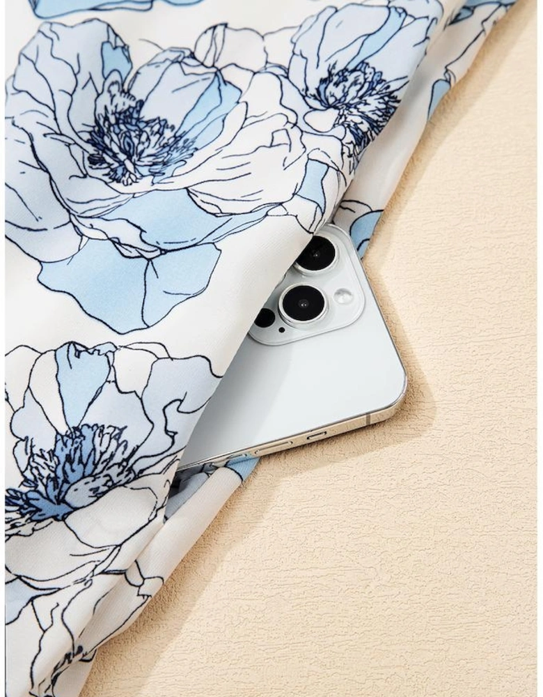 Sky Blue Floral Print Tie Neck Long Sleeve Flowy Mini Dress