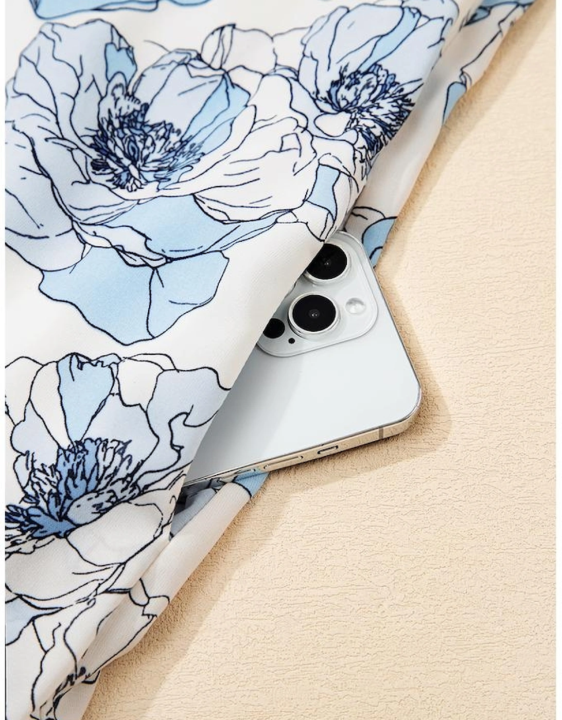 Sky Blue Floral Print Tie Neck Long Sleeve Flowy Mini Dress