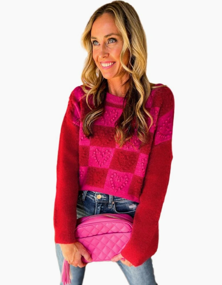Multicolor Checkered Pattern Heart Detail Textured Sweater