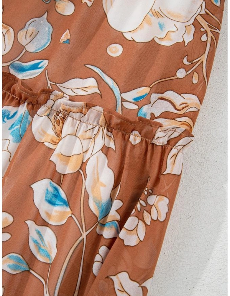 Brown Floral Print Shirred Square Neck High Waist Maxi Dress