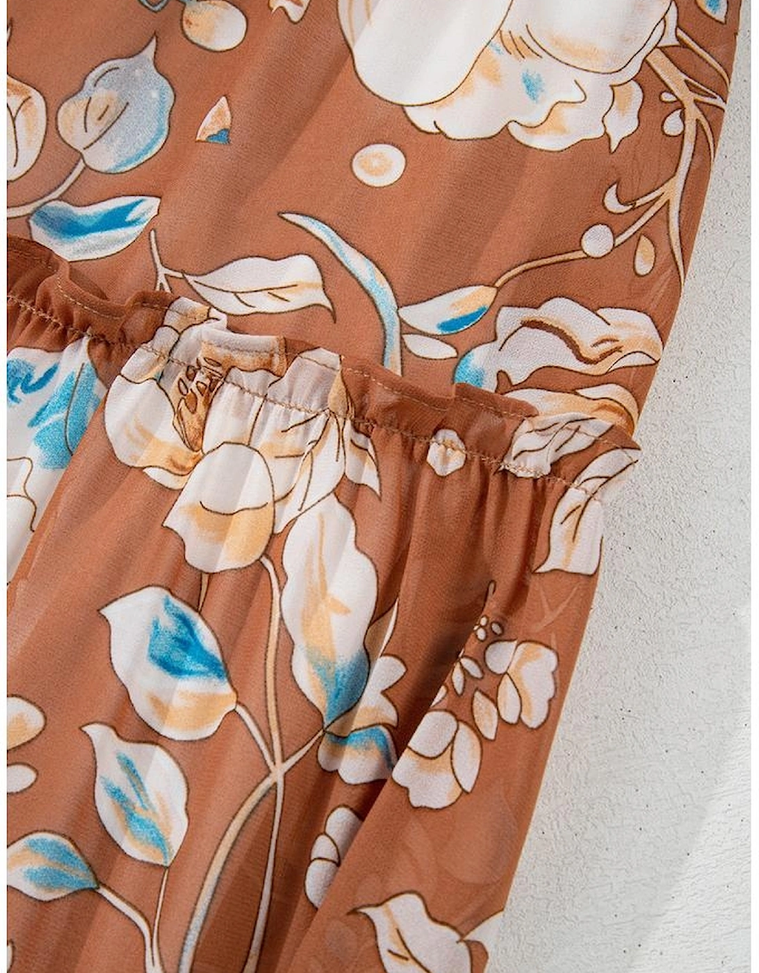 Brown Floral Print Shirred Square Neck High Waist Maxi Dress