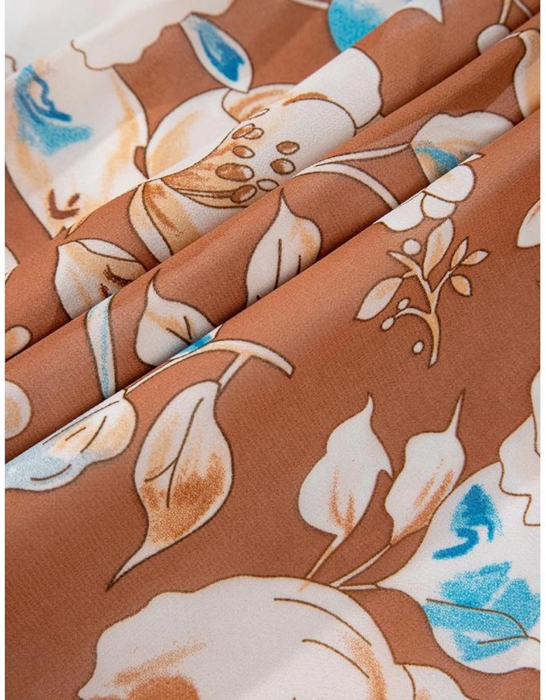 Brown Floral Print Shirred Square Neck High Waist Maxi Dress