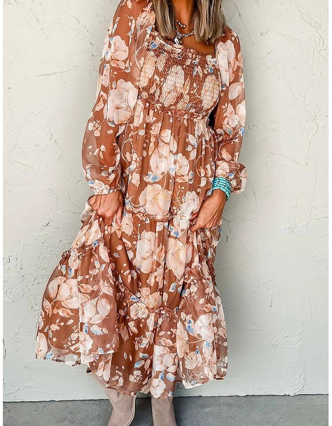 Brown Floral Print Shirred Square Neck High Waist Maxi Dress