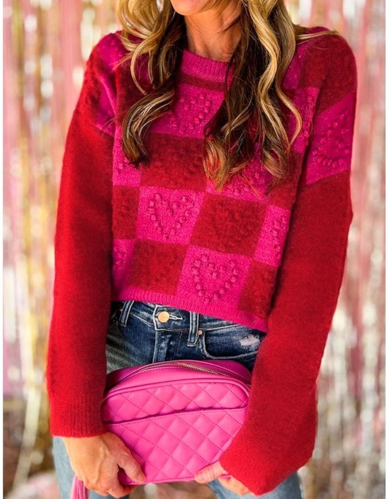 Multicolor Checkered Pattern Heart Detail Textured Sweater