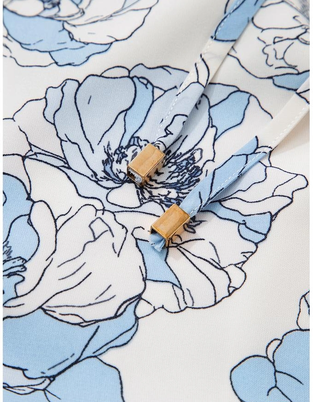 Sky Blue Floral Print Tie Neck Long Sleeve Flowy Mini Dress