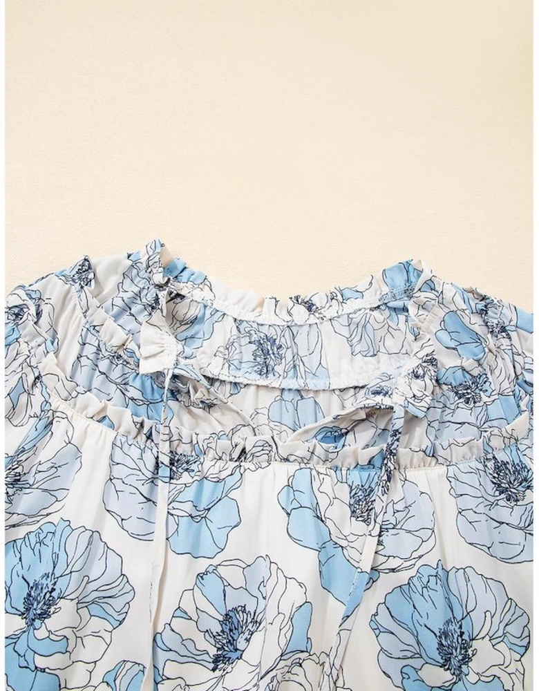 Sky Blue Floral Print Tie Neck Long Sleeve Flowy Mini Dress