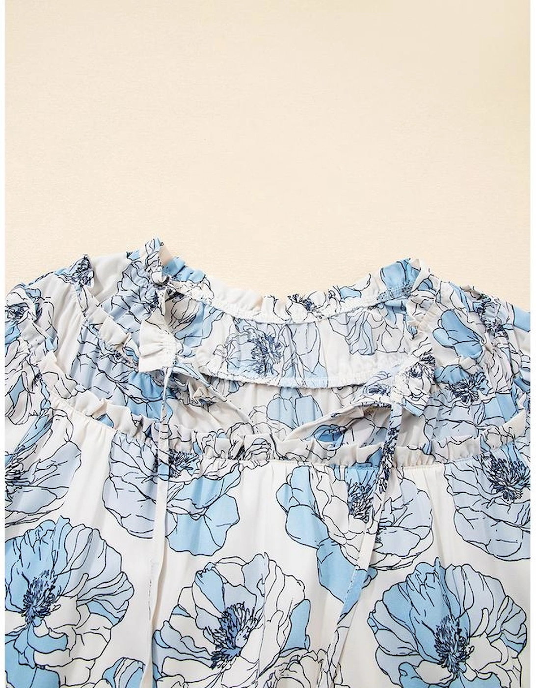 Sky Blue Floral Print Tie Neck Long Sleeve Flowy Mini Dress