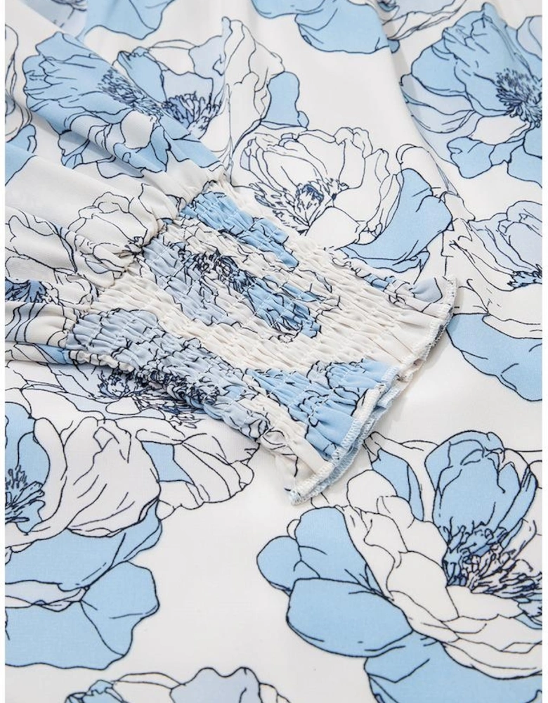 Sky Blue Floral Print Tie Neck Long Sleeve Flowy Mini Dress