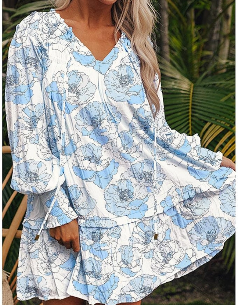 Sky Blue Floral Print Tie Neck Long Sleeve Flowy Mini Dress