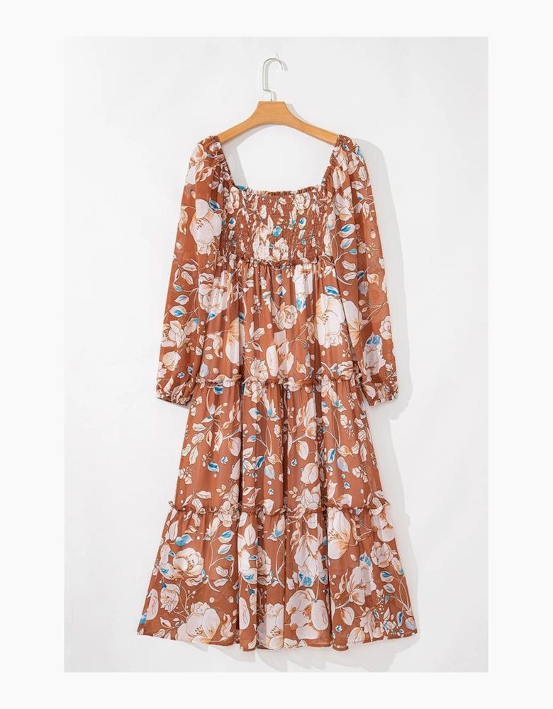 Brown Floral Print Shirred Square Neck High Waist Maxi Dress