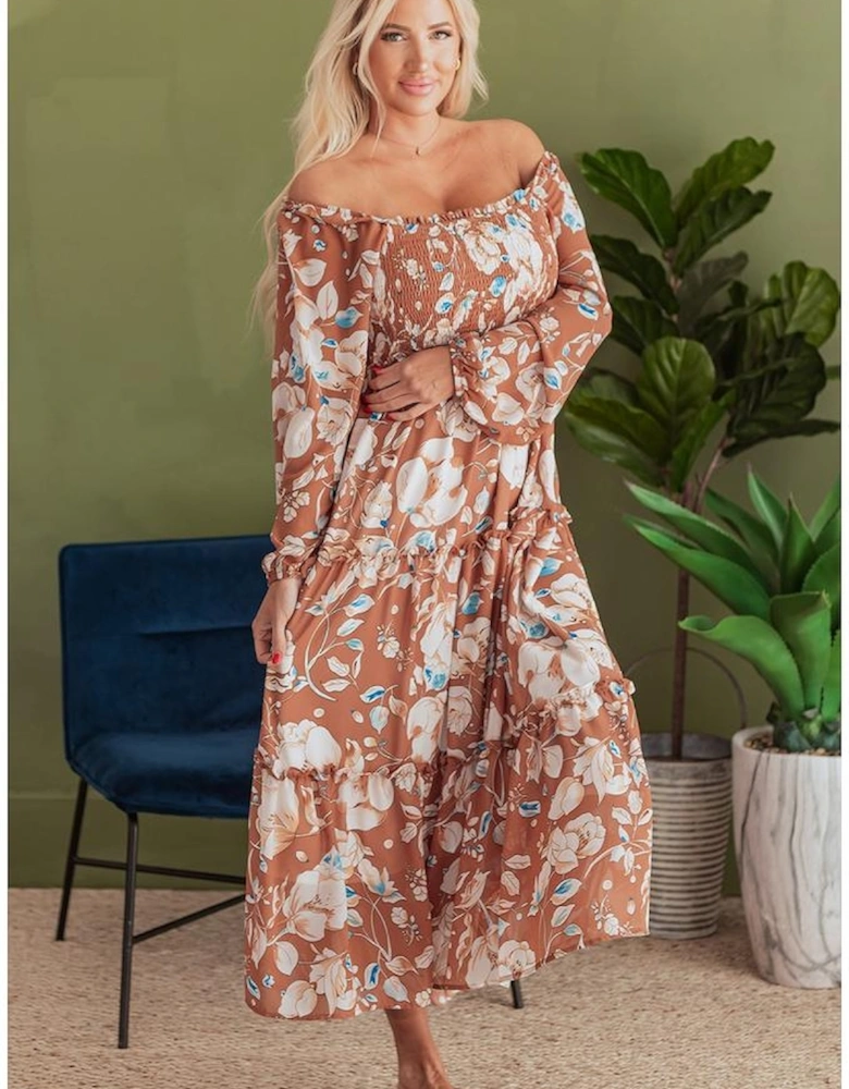 Brown Floral Print Shirred Square Neck High Waist Maxi Dress