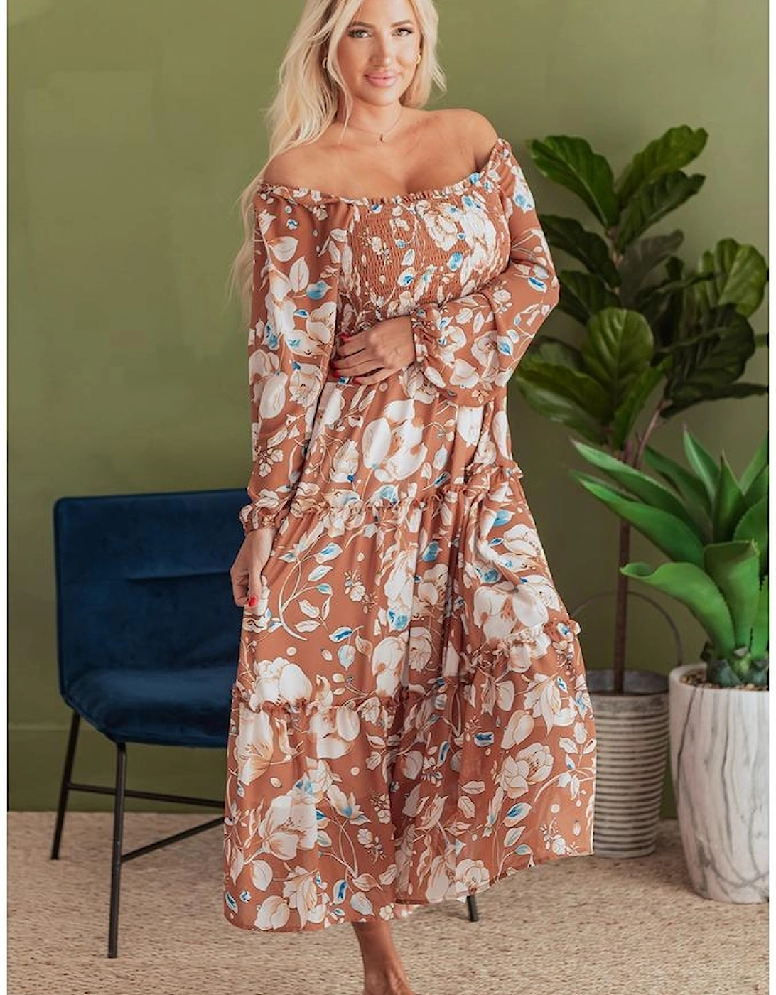 Brown Floral Print Shirred Square Neck High Waist Maxi Dress