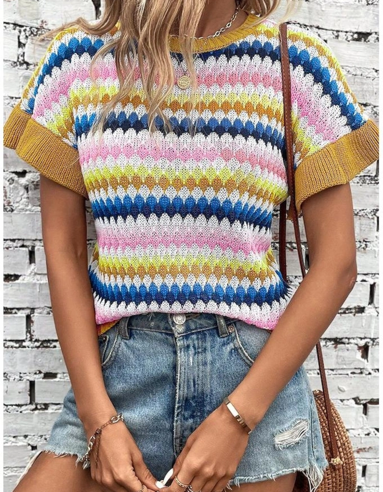 Khaki Trimmed Ruffle Sleeve Colorful Textured Sweater