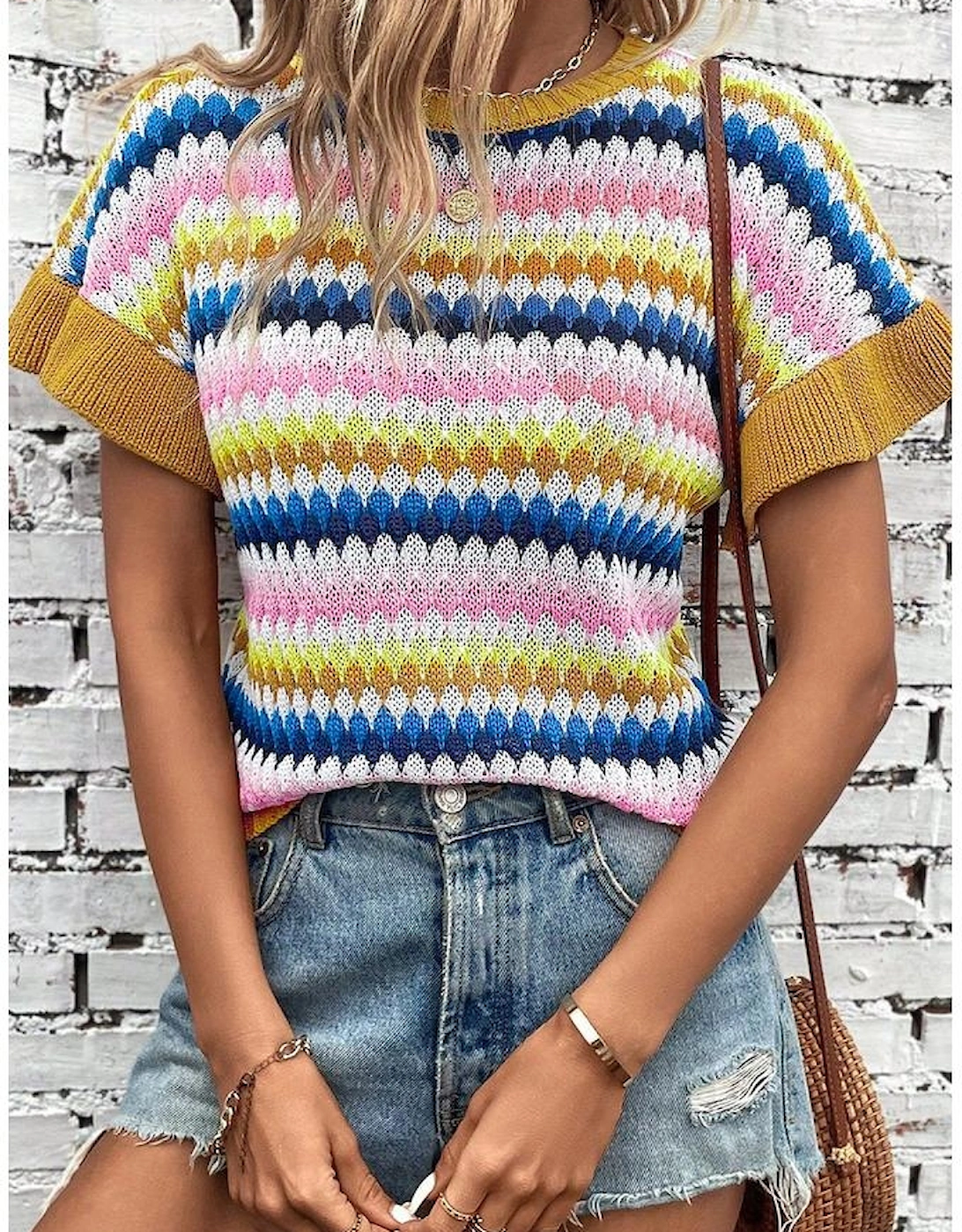 Khaki Trimmed Ruffle Sleeve Colorful Textured Sweater