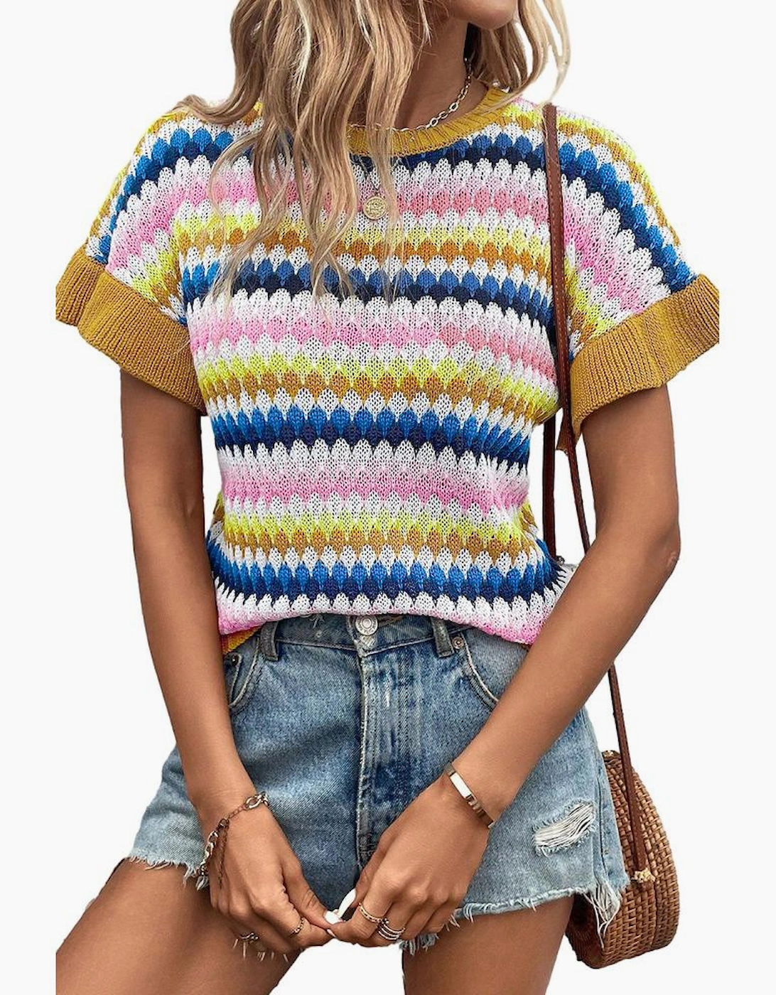 Khaki Trimmed Ruffle Sleeve Colorful Textured Sweater