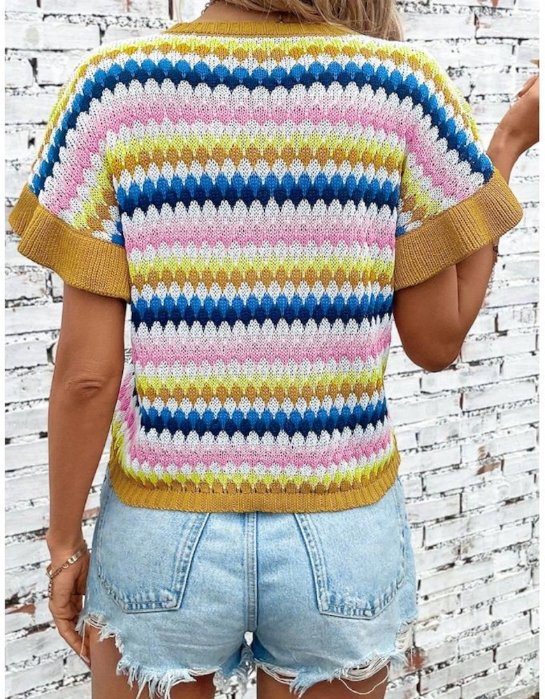 Khaki Trimmed Ruffle Sleeve Colorful Textured Sweater