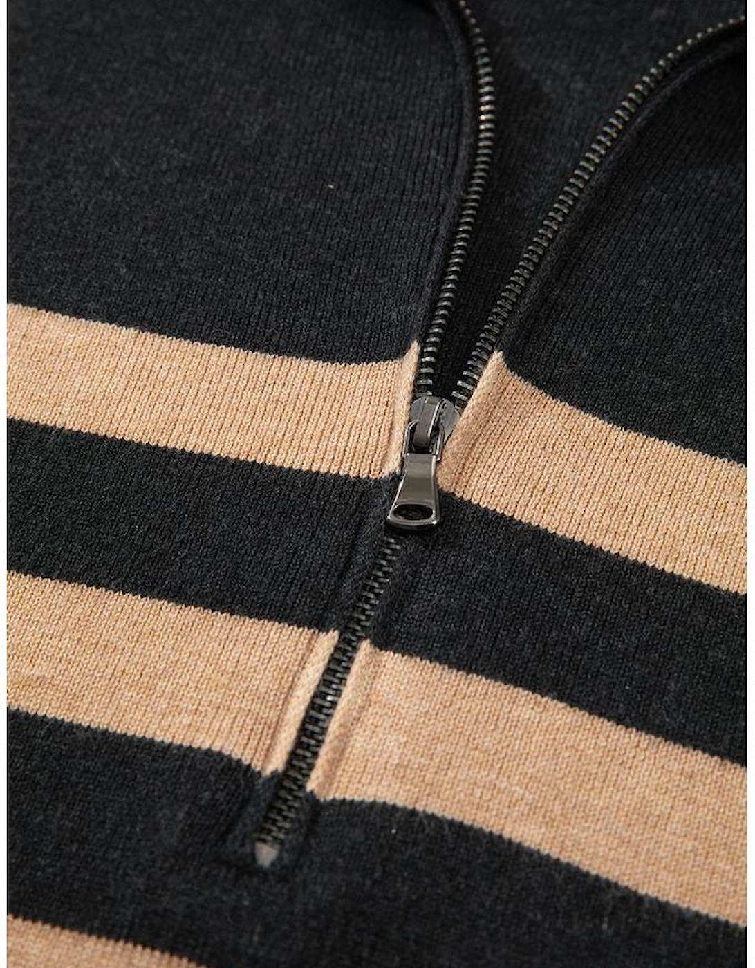 Black Stripe Collared Quarter Zipper Oversized Sweater