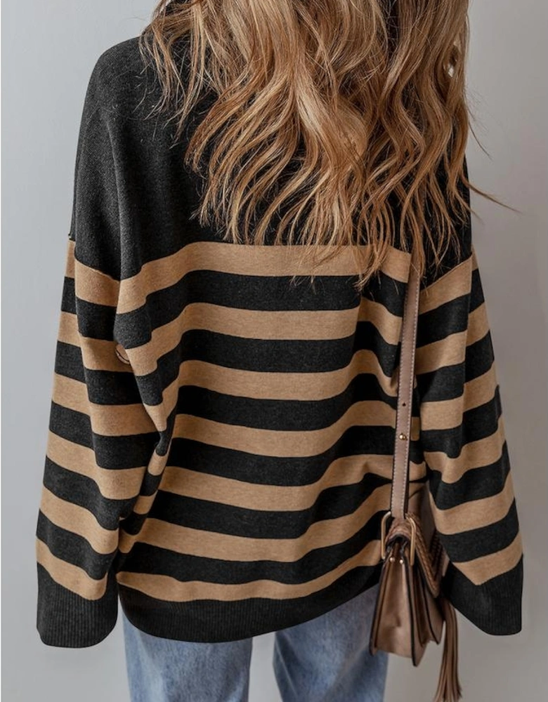 Black Stripe Collared Quarter Zipper Oversized Sweater